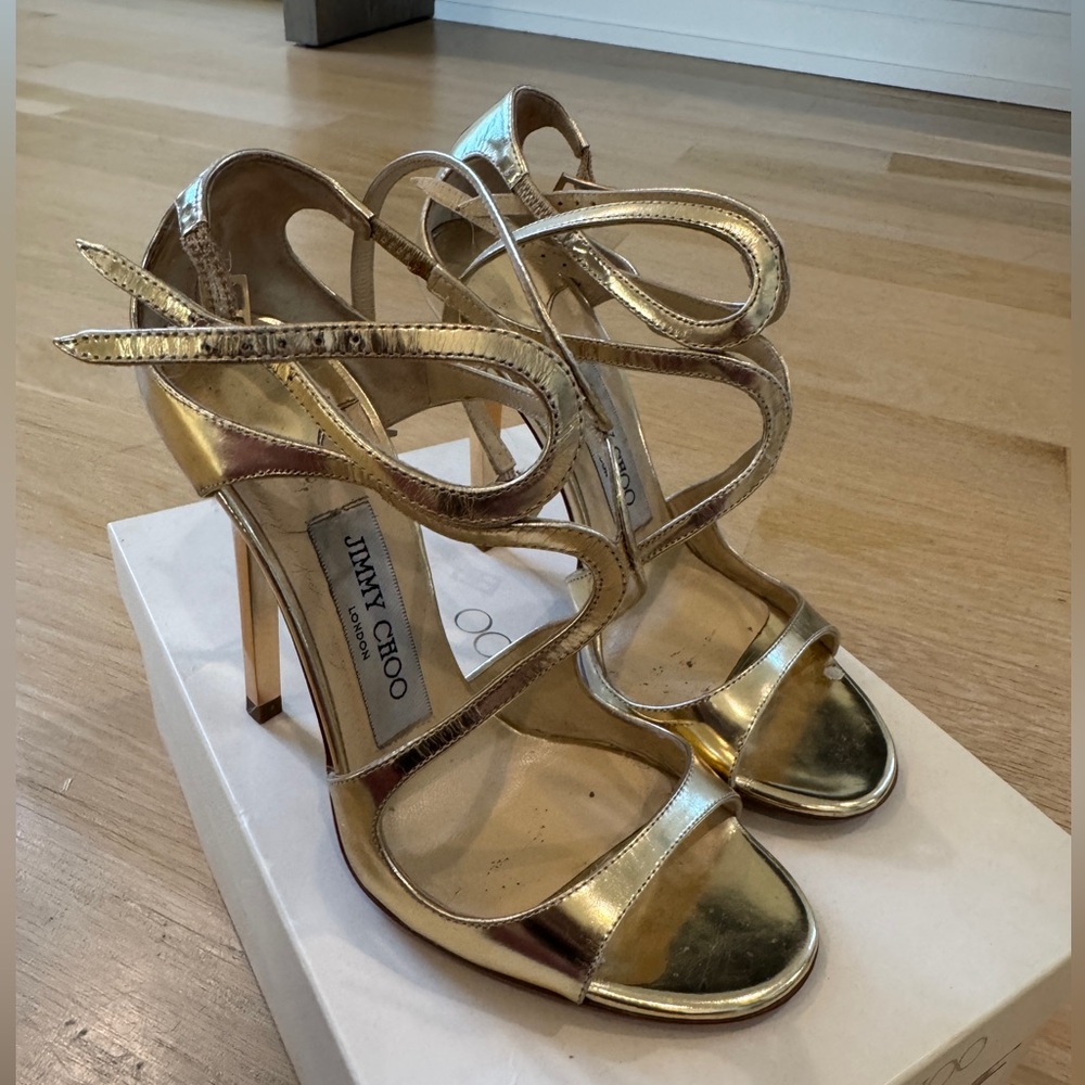 Jimmy Choo Lance Gold Metallic Strappy High Heel Sandals size 6